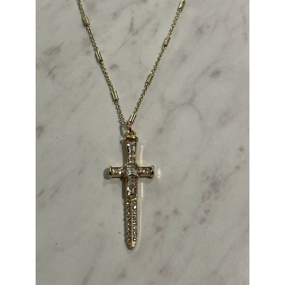 Gold Tone Rhinestones Sword Cross Pendant Necklace New - Picture 3 of 8